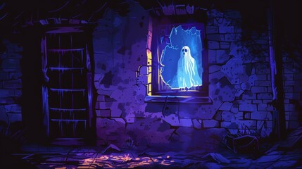 Scary abandoned old building exterior with dead woman spirit inside, cracked walls and doors. Halloween spooky cartoon modern illustration of haunted house.