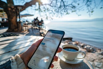 Man checking online news on smartphone at outdoor cafe with coffee against morning sky backdrop