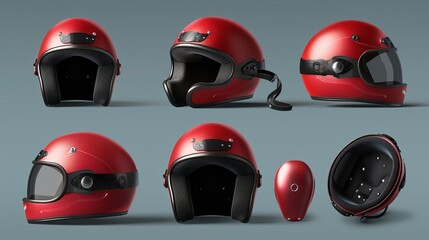 This realistic 3d modern set shows a red motorcycle helmet with glasses, retro biker headwear, vintage accessory. Driver round hat with glossy surface, black lining and belt is shown from front, back