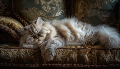 A lazy Persian cat lounging on a vintage sofa 🐱✨ Soaking up the comfort in style! #VintageChic - obrazy, fototapety, plakaty