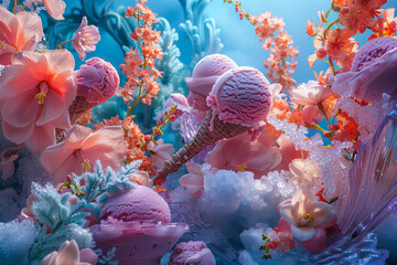 Design a surreal garden of frozen delights, where scoops of ice cream burst forth like blossoms...