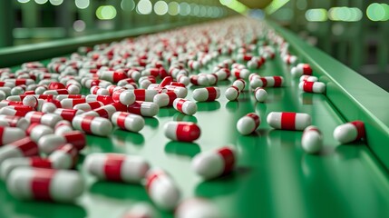 A conveyor belt is filled with pills, some of which are red and white - 785508364