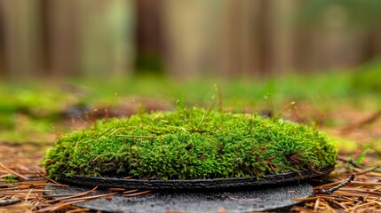 Forest green moss podium in misty woodland, natural texture against serene backdrop