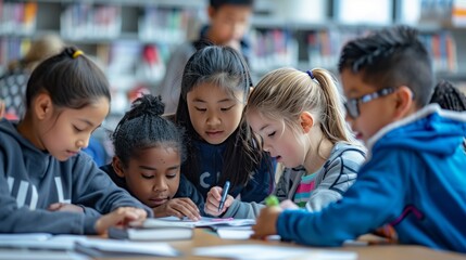 Obraz premium A group of children are sitting at a table in a library, writing and drawing