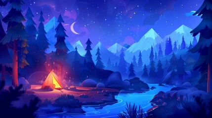 There are mountains, a river, a campfire and a night forest