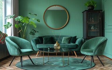 Designer chairs at round black glass table, and with comfy sofa. Mid-century home interior, design of modern living room.