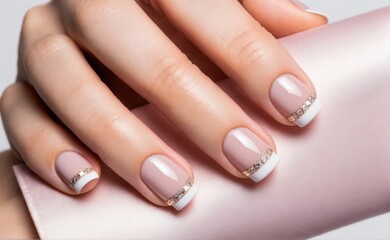 Close up of female hand with manicure. Beautiful polish manicure on square nails

