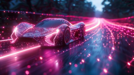 The concept is a fast modern wireframe concept of a sport car in the form of a starry sky or space. The point shapes are represented as planets, stars, or the universe. - obrazy, fototapety, plakaty