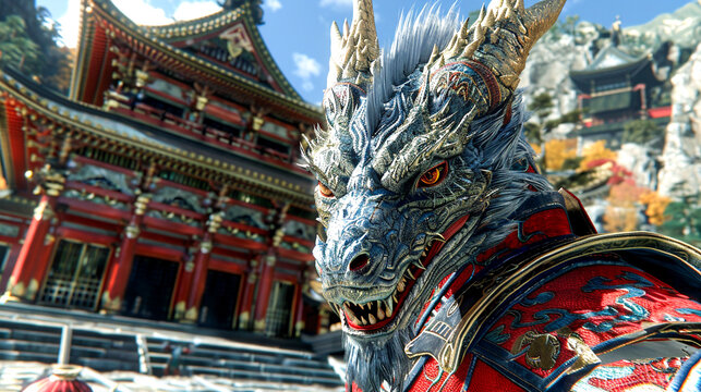 A close up of a blue and white dragon's head in front of a Chinese style building