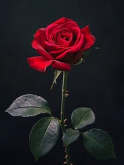Fototapeta premium A beautiful single red rose in full bloom against a black back ground.