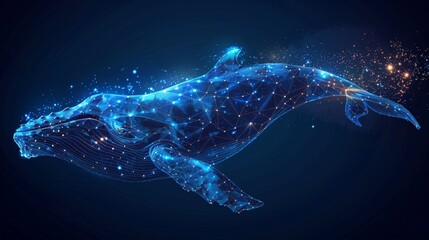 Low poly modern illustration of a starry sky or Comos. Blue whale composed of lines, dots and shapes. Wireframe light connection structure.