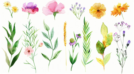 Watercolor illustration of isolated elements flowers 