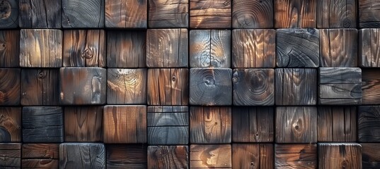 Unique abstract stack of rustic wooden 3d cubes in formation for textured backdrop