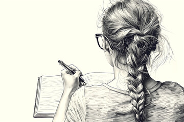 a black and white drawing of a woman writing in a notebook