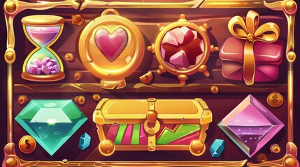 Screen gui design with level assets in gloss golden frames for a fantasy role-playing game. Gold coin, hourglass, bomb, magic potion, gem stone, gift box modern treasure.
