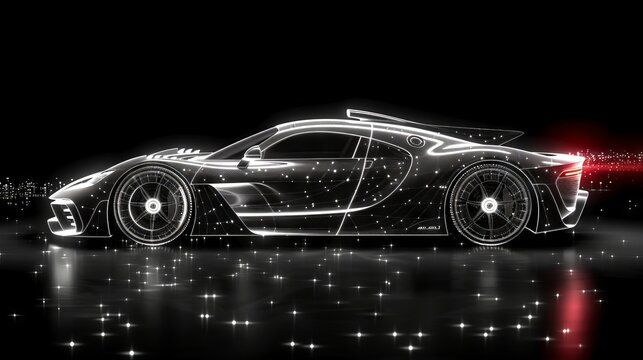 Abstract image of a sport car composed of planets, stars, and the universe. Cars modern wireframe concept.