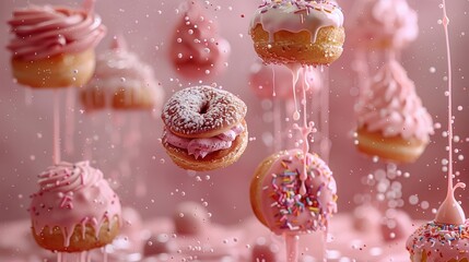 Suspended sweet pastries with various toppings, lively sprinkle rain on rose hue
