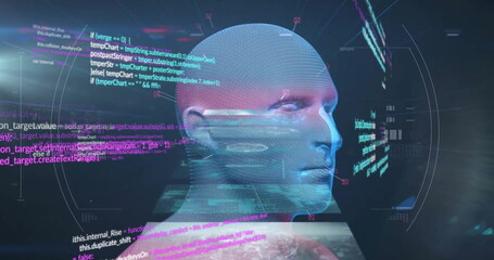 Image of data processing and scope scanning over digital human head on black background