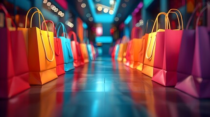 Colorful Array of Shopping Bags in Neon-Lit Virtual Mall. Concept Fashion and Style, Neon Lights, Shopping Spree, Virtual Reality, Colorful Bags - obrazy, fototapety, plakaty