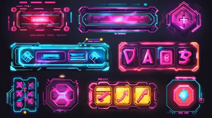 Design elements for a sci-fi game user interface, including health bars, money bars, energy bars, checks, and crosses. Modern cartoon set of futuristic game UI elements.
