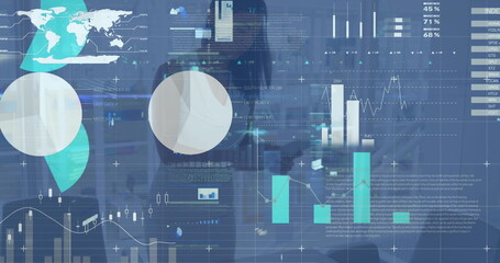 Image of financial data over african american businesswoman in office