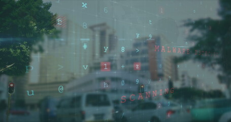 Image of data processing over cityscape
