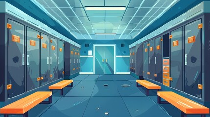 Locker room, gym dressing room with metal cabinets. Row of closed doors, keyholes in college hallway, storage space for changing clothes. Cartoon modern illustration. - obrazy, fototapety, plakaty