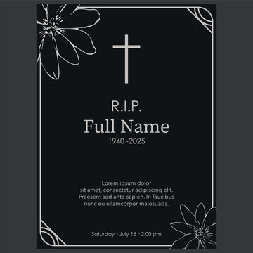 Card template with white flowers and cross over black background