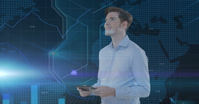 Image of caucasian businessman using tablet over data processing