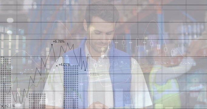 Image of financial graphs over caucasian male warehouse worker