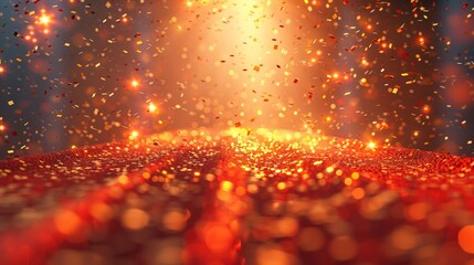 Celebratory podium with red carpet and golden confetti falling from sky