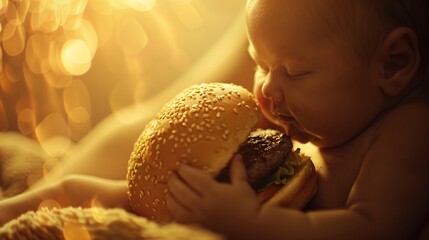 Unborn child is shown enjoying a burger in the mother's womb, bathed in warm light and joy