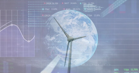 Naklejka premium Image of financial data processing over earth and wind turbine