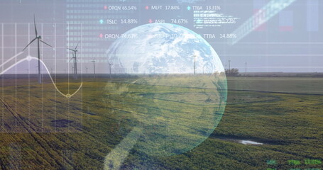 Image of globe and data processing over landscape