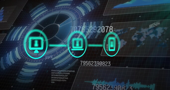 Image of network of connections with icons over scope scanning and data processing