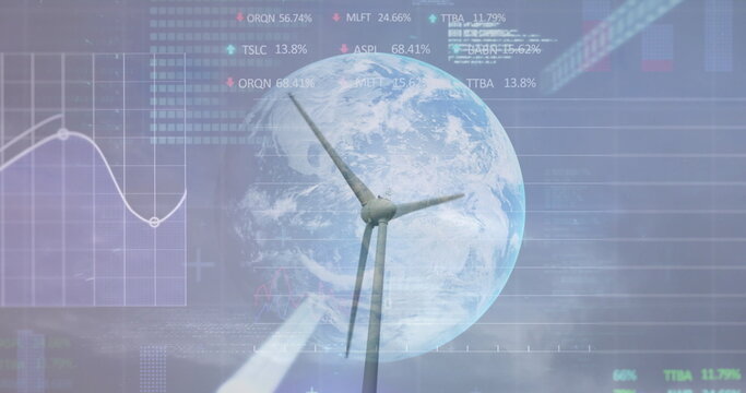 Naklejki Image of financial data processing over earth and wind turbine