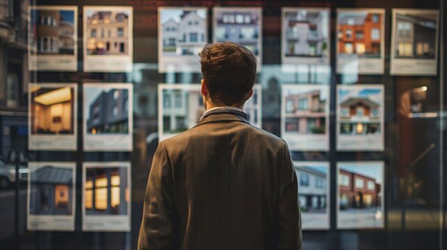 Street view: A man scrutinizing property listings on display at a real estate agency 02