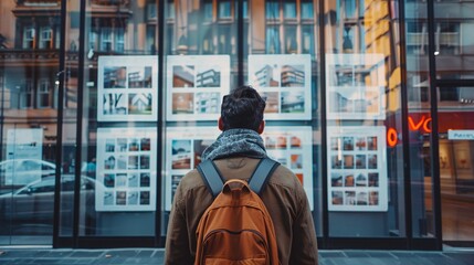 Street perspective: A man observing property listings showcased in a real estate agency window - obrazy, fototapety, plakaty