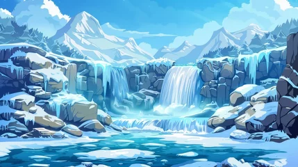 Foto op Aluminium Scenic nature background, Cartoon Modern background, Waterfall at winter scenery landscape. Water stream falls from rocky cliff to lake or sea, with broken ice floes around it. Scenic nature © Mark