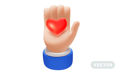 Vector care illustration of gesture hand in sleeve hold red heart on white color background. 3d style design of man white skin hand take care of heart