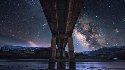 Wide angle of viaduct bridge under night sky 