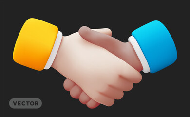 Vector diversity illustration of gesture business man handshake in sleeve on black color background. 3d style design of man hand shake agreement