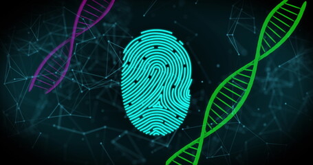 Biometric scanner and security padlock icons against dna structures and network of connections