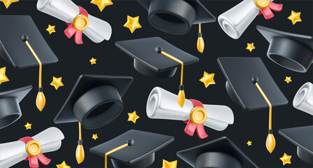 Vector illustration of graduate cap and diploma on black background. Caps thrown up pattern. 3d style design of congratulation graduates with graduation hat and diploma scroll