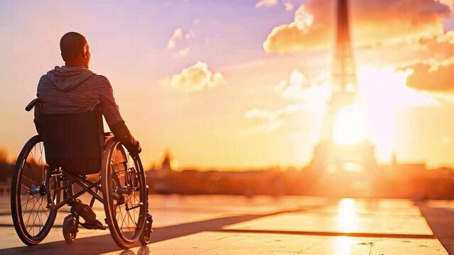 A man athlete in a wheelchair enjoys the sunset overlooking the Eiffel Tower, dreaming of winning a sports competition. Paralympic Games, Championship, Olympics
