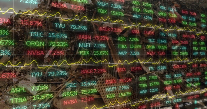 Stock market data processing against heap of scrap at junkyard - Powered by Adobe