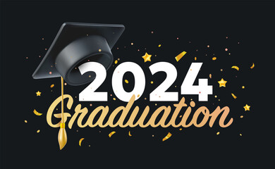 Vector illustration of graduate cap and word graduation on black background with number 2024. 3d style design of congratulation graduates 2024 class with graduation hat and congratulations word
