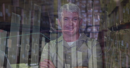 Image of statistical data processing over caucasian senior male worker smiling at warehouse