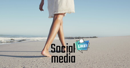 Image of social media text and icon over caucasian woman walking on beach