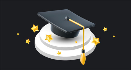 Vector illustration of graduate cap on pedestal and golden star on black background. 3d style design of congratulation graduates 2024 class with graduation hat and star